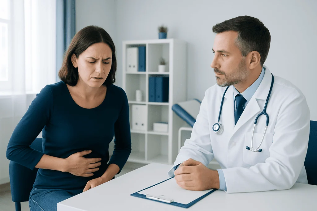 Doctor consulting a woman with stomach pain in a medical office.