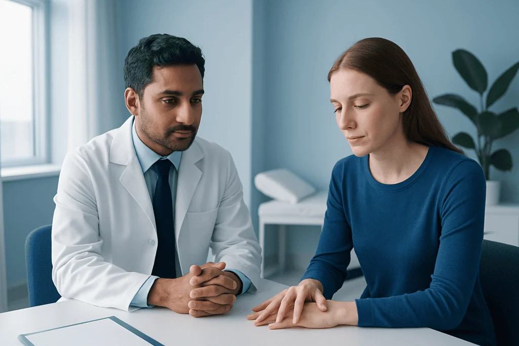 Doctor consulting with a patient about medical condition in a clinic.