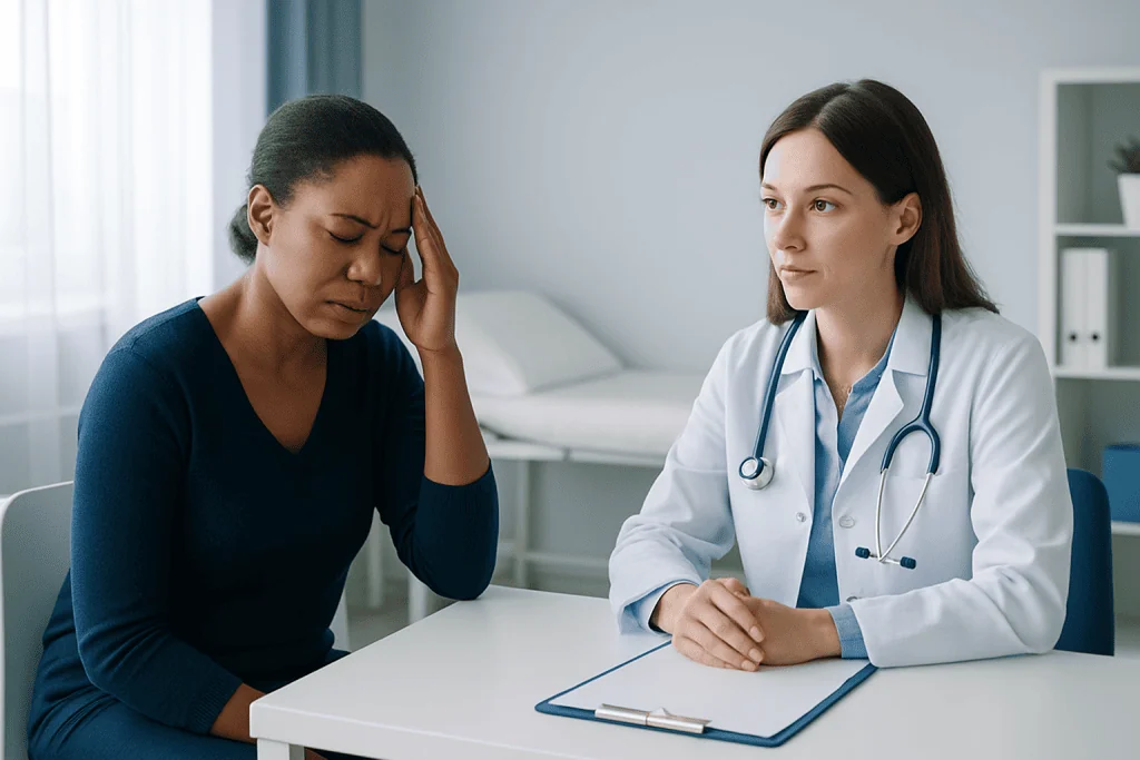 Doctor consulting with a patient experiencing headache and eye discomfort.