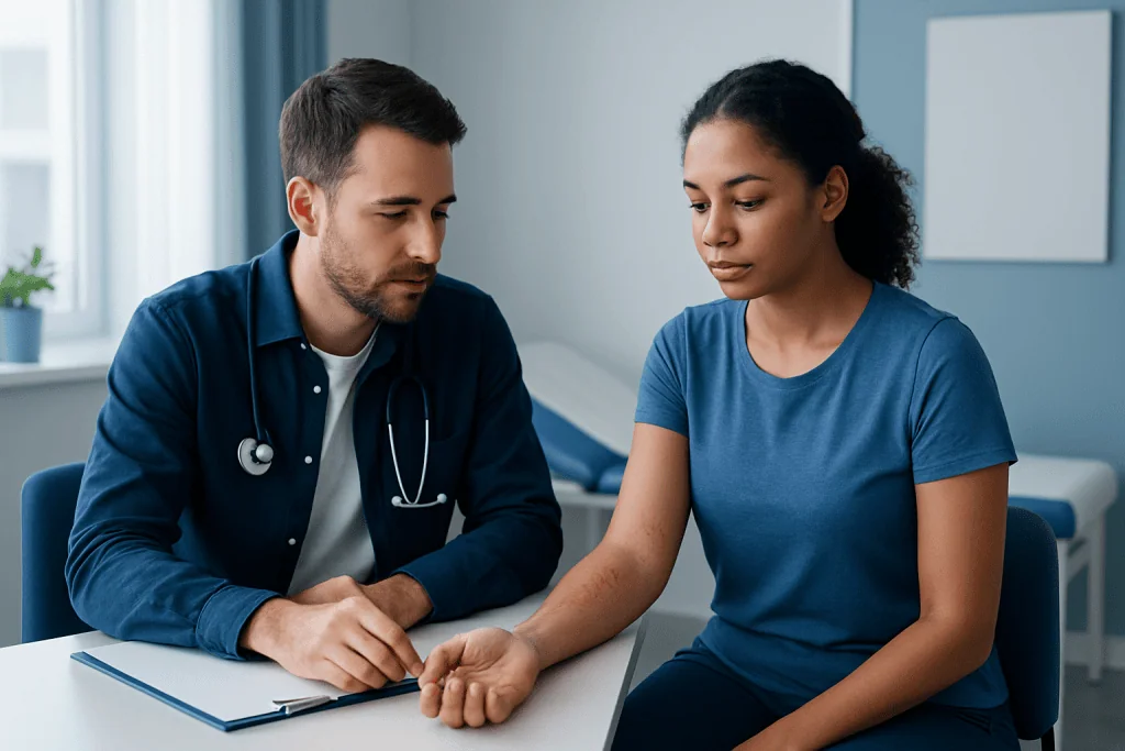 Doctor examining patient's arm for skin rash or allergy symptoms.