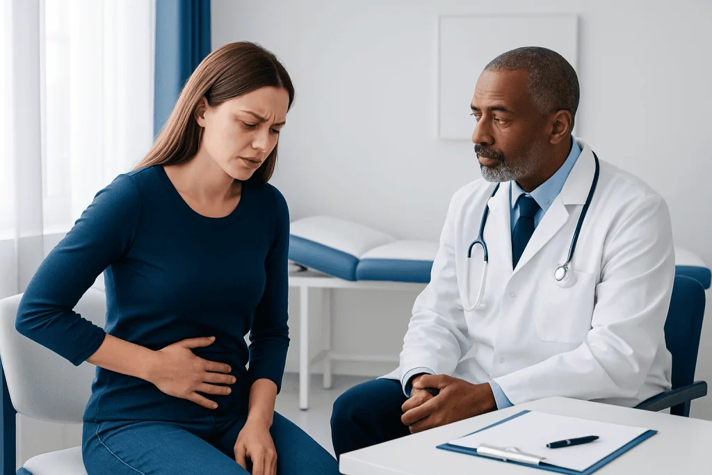 Female patient experiencing abdominal pain during consultation at hospital.