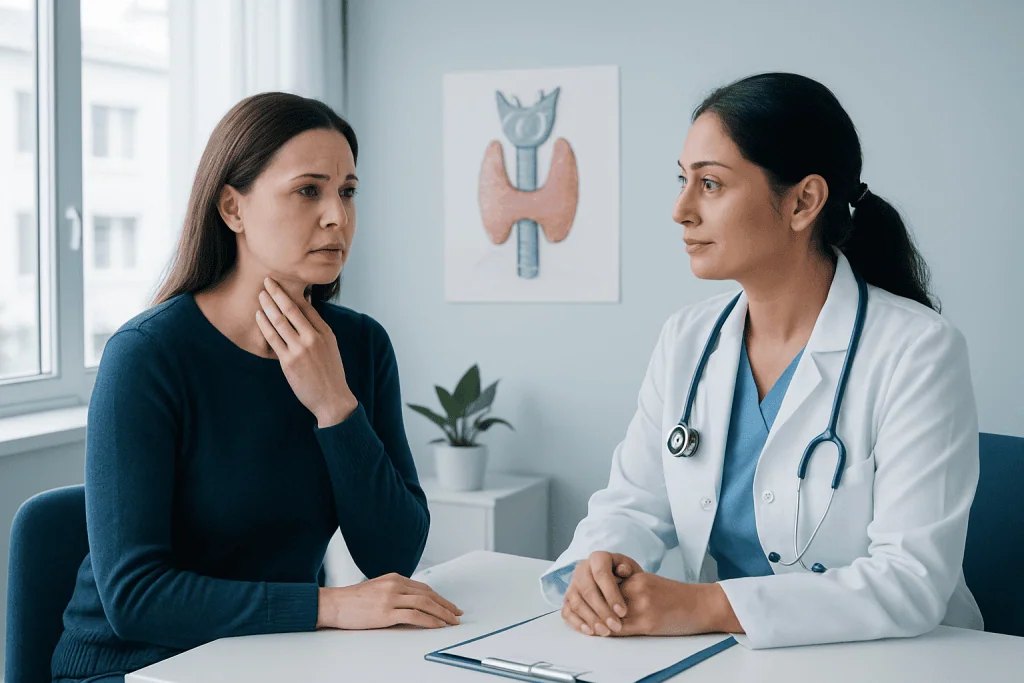 Doctor consulting with a patient about thyroid health in a medical office.