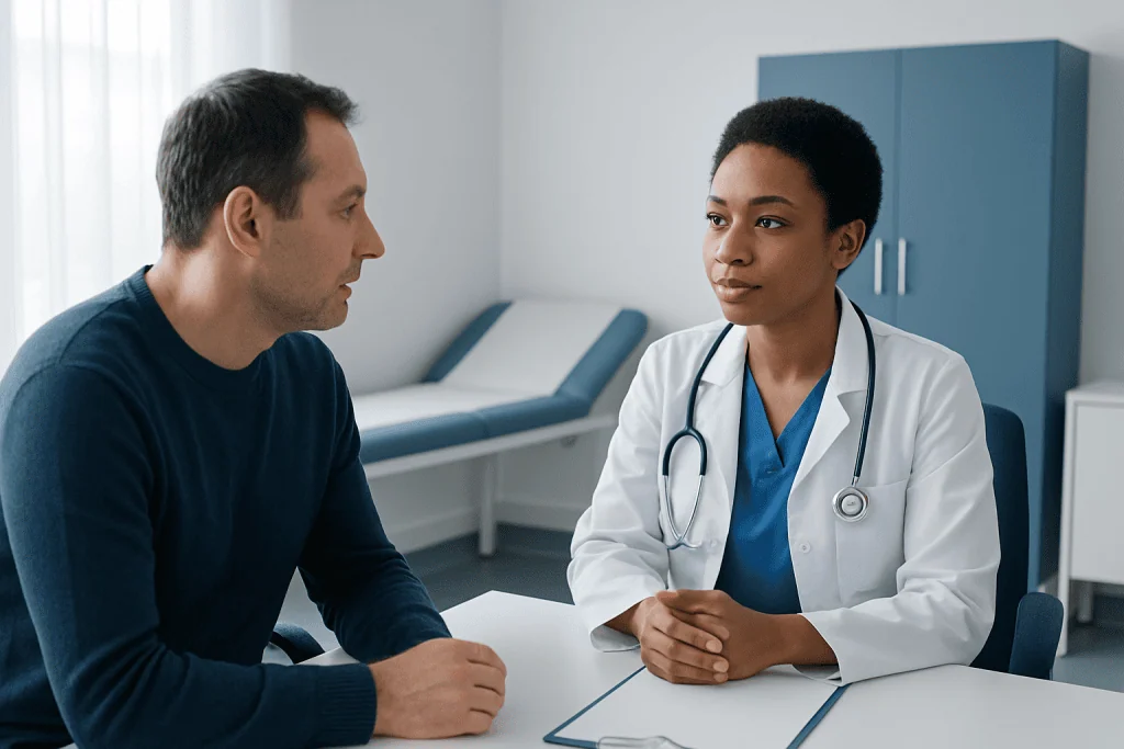 Doctor consulting with a patient in a medical office at Acibadem Hospitals Group.