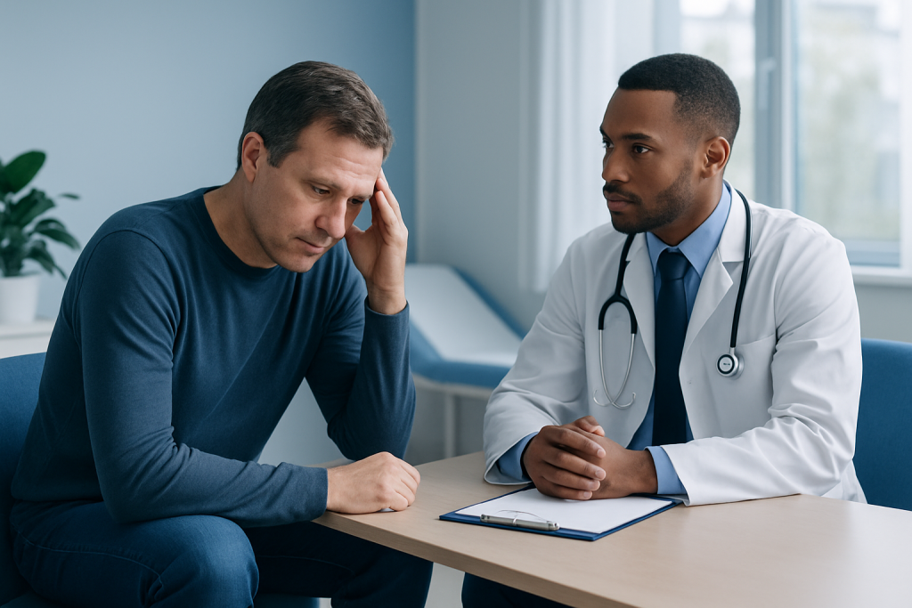 Patient consulting with doctor about health concerns in a medical office.