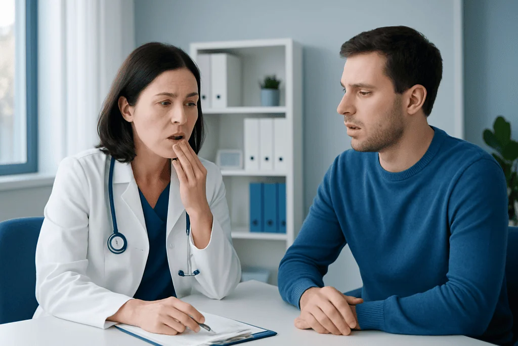 Doctor consulting a patient about mouth ulcers in a clinical setting.