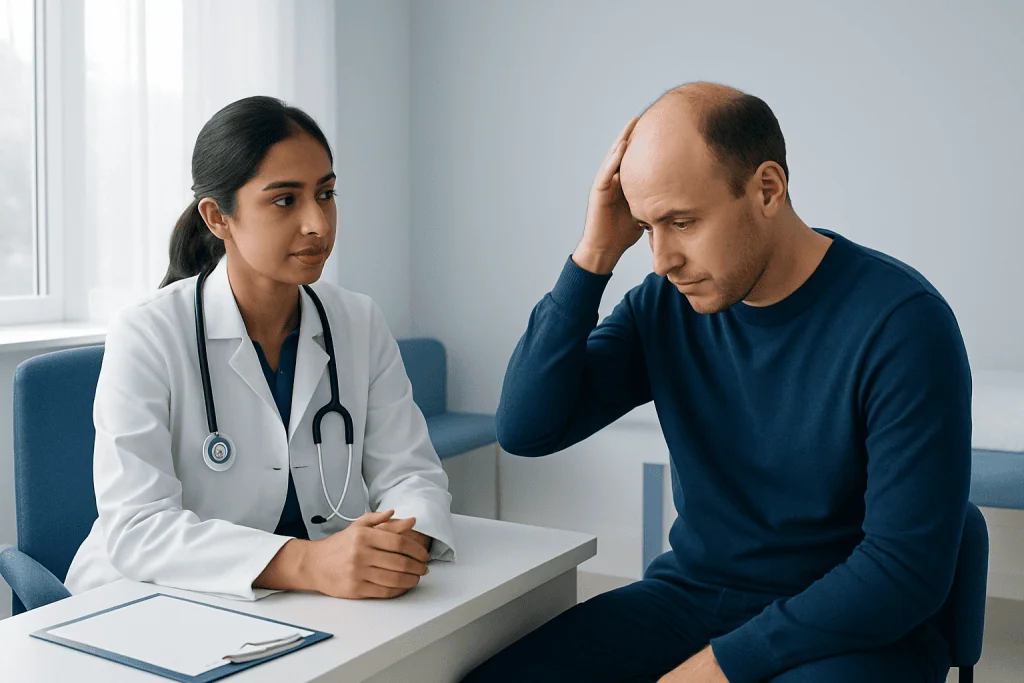 Doctor consulting with male patient about hair loss treatment options.