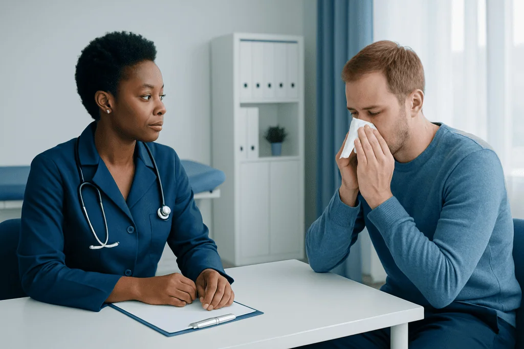 Doctor consulting with a patient about cold symptoms in a clinic setting.