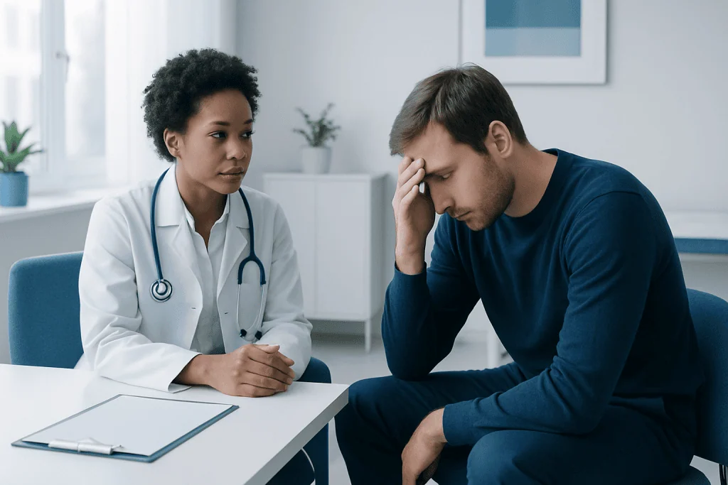 Doctor consulting with a patient about health concerns in a medical office.