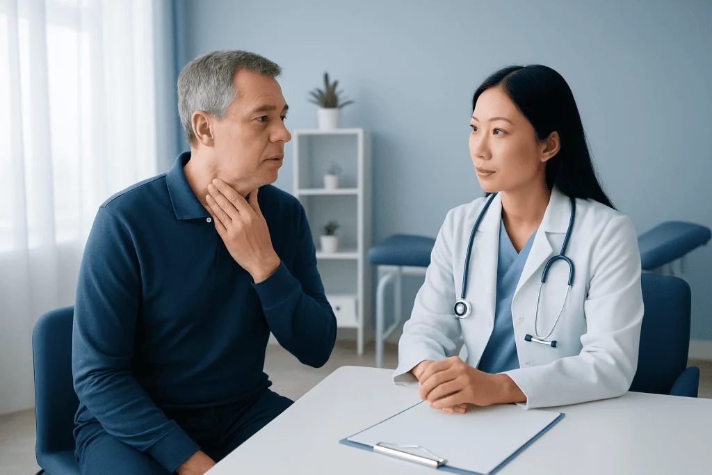 Doctor consulting with a male patient in a medical office setting.