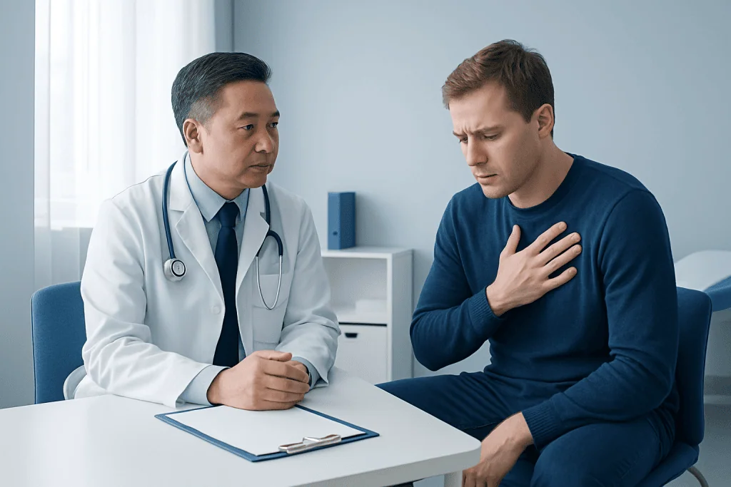 Doctor consulting with a patient experiencing chest discomfort in a medical office.