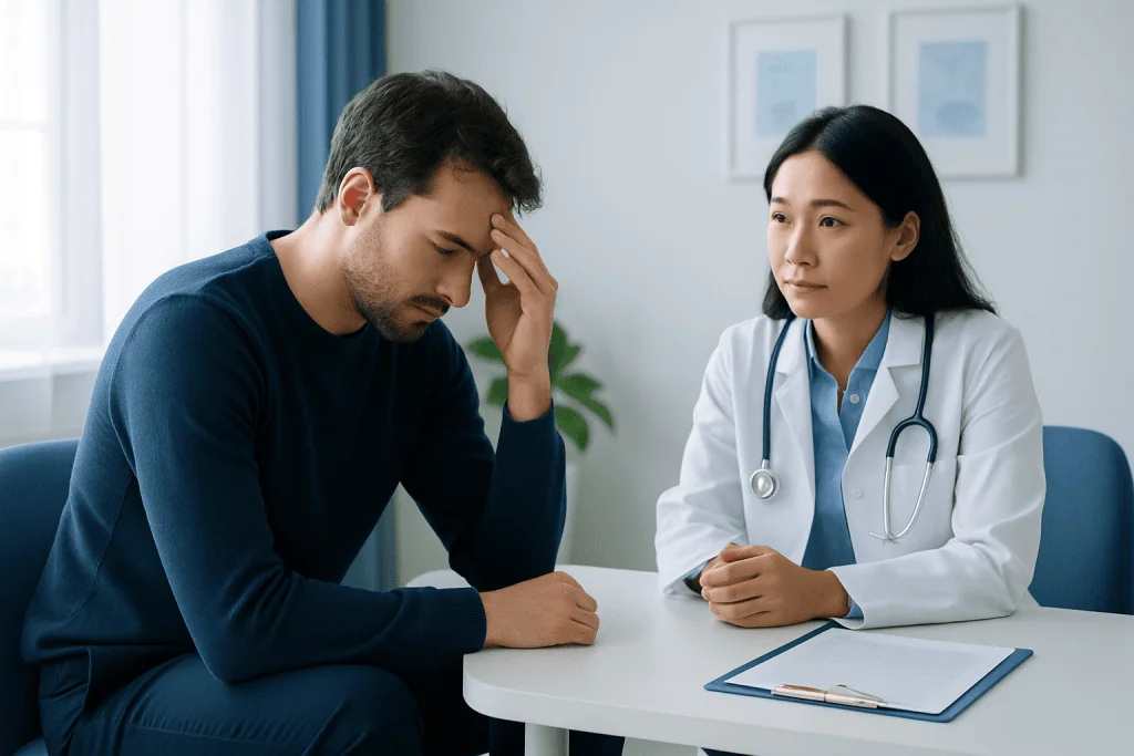Patient consulting with doctor about health concerns in a medical office.