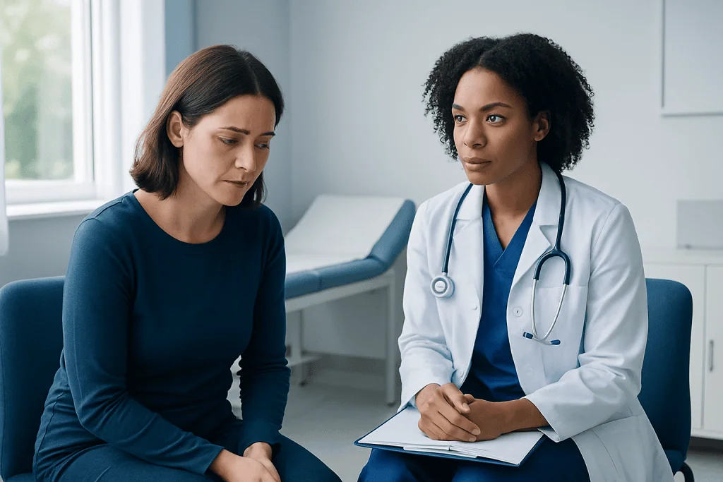 Doctor consulting with a female patient in a medical office.