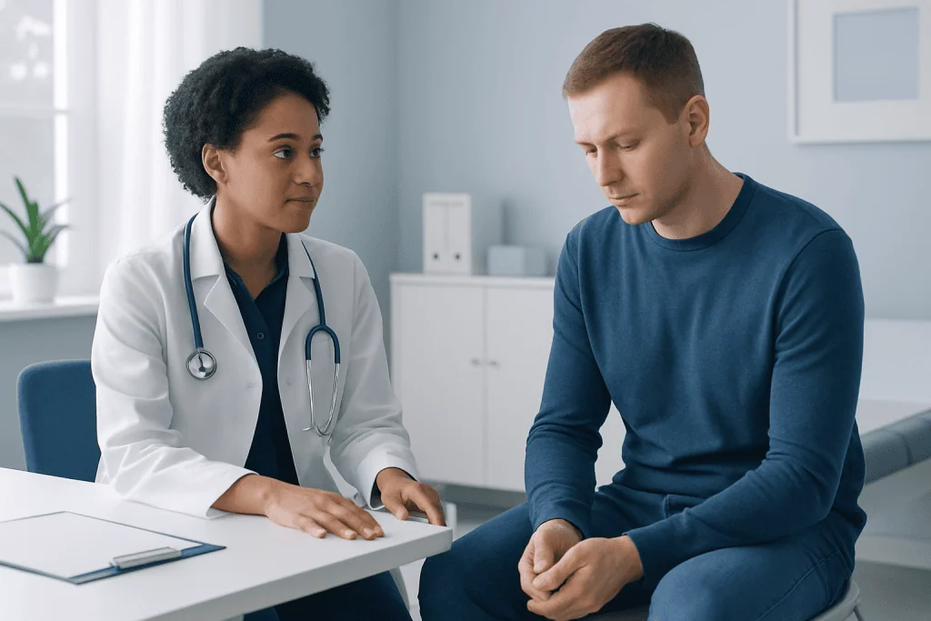 Doctor consulting with a patient in a medical office setting.