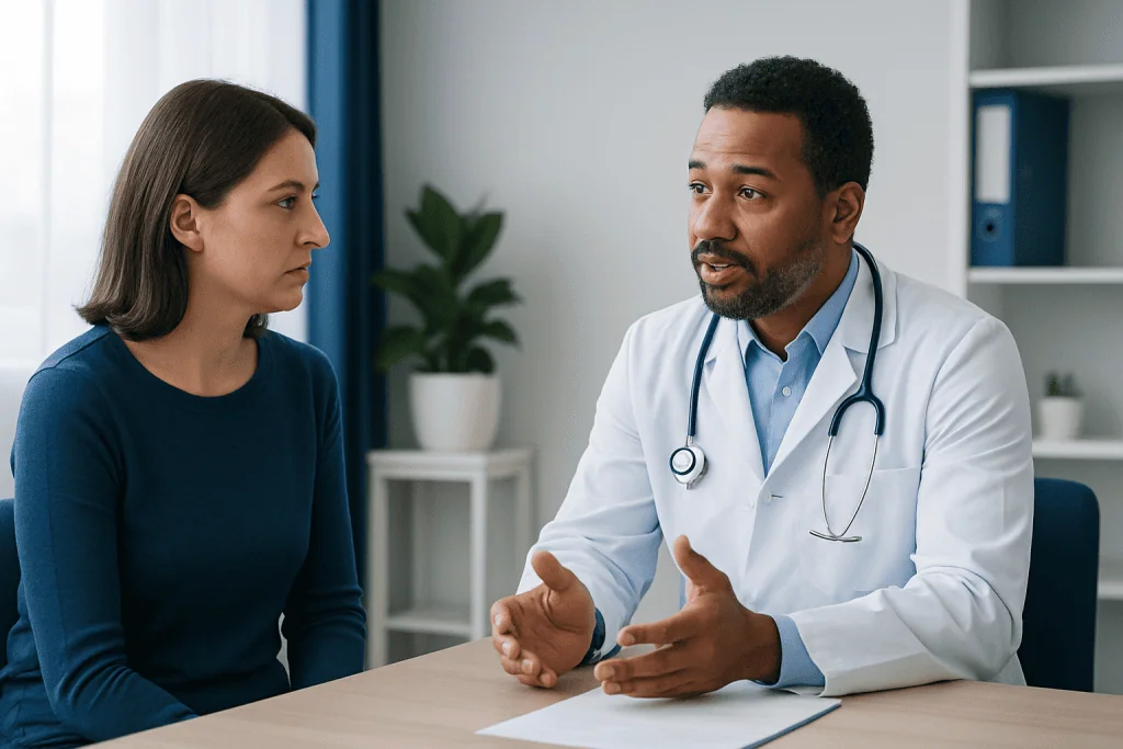 Doctor consulting with a patient in a medical office setting.