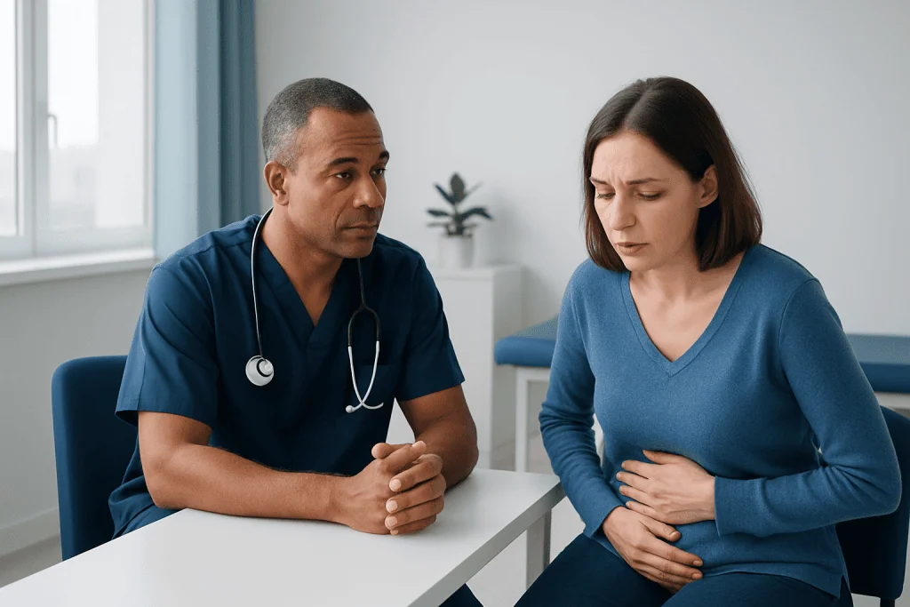 Doctor consulting with a patient about hematemesis symptoms in a clinic setting.