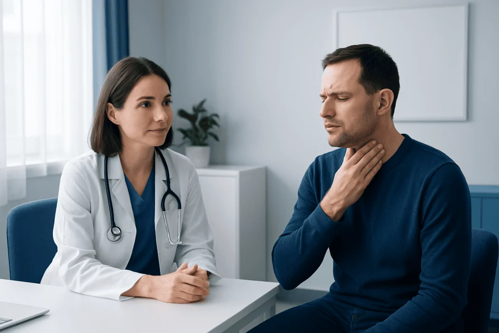 Doctor consulting patient with sore throat in clinic setting.