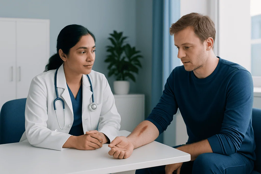 Doctor consulting with patient in a medical office at Acibadem Hospitals Group.