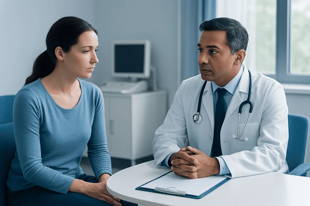 Doctor consulting with a female patient in a medical office.