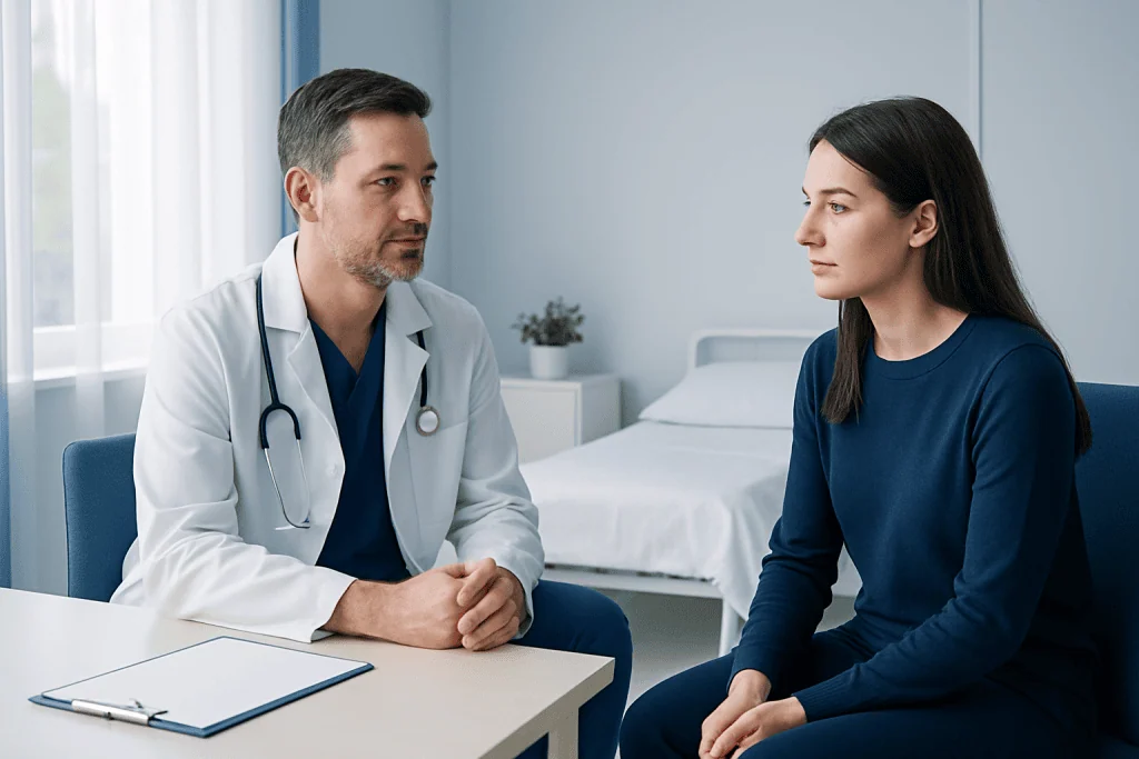 Doctor consulting with a female patient in a modern hospital room.