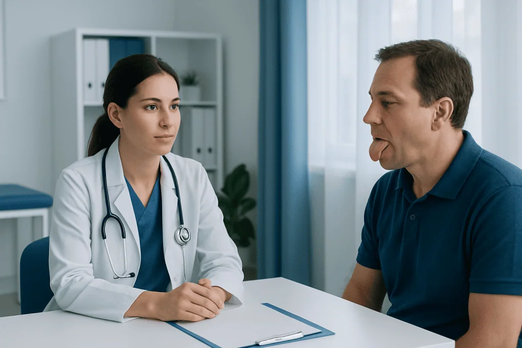 Doctor examining patient with tongue sticking out in consultation room.