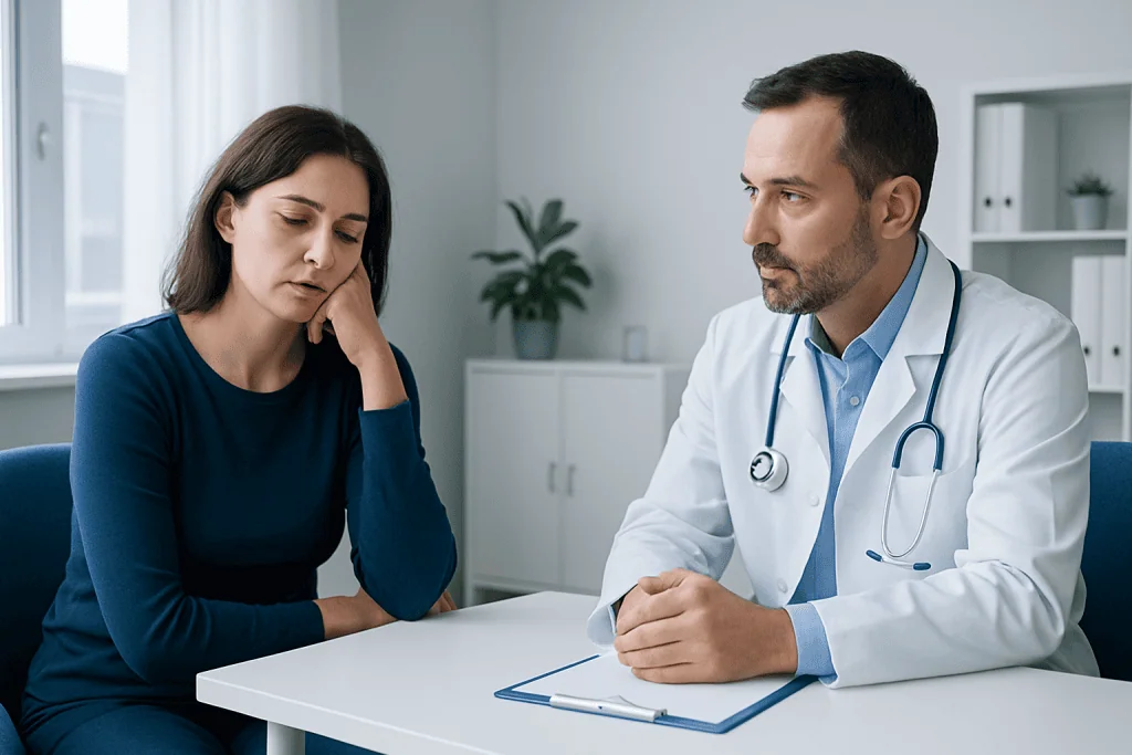 Doctor consulting with a patient about sleep issues in a medical office.