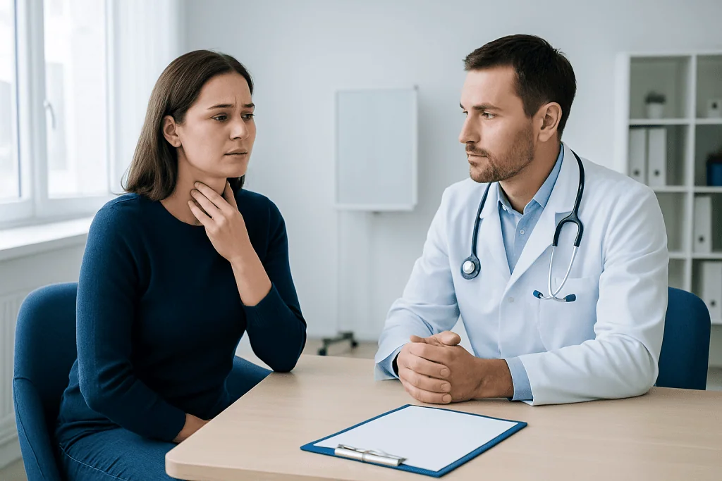Doctor consulting with a woman about health concerns in a medical office.