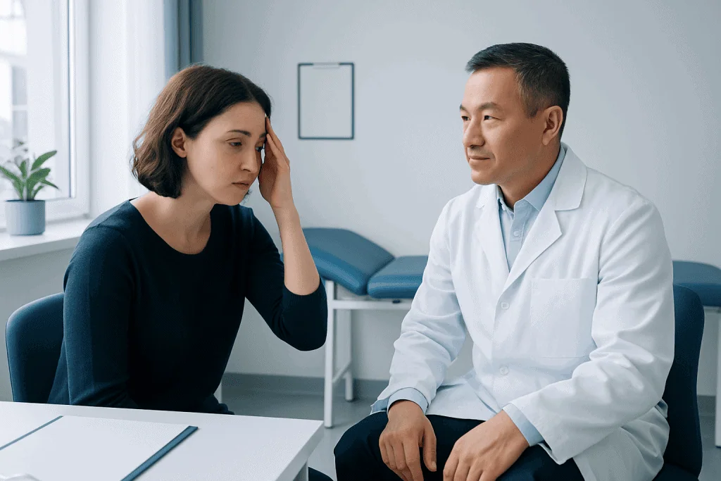 Patient consulting with an ophthalmologist about blurred vision symptoms.