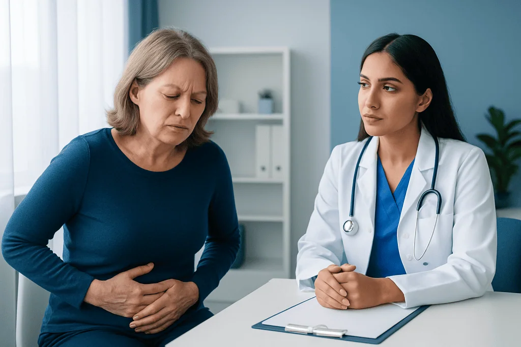 Doctor consulting with a woman experiencing stomach pain at a clinic.