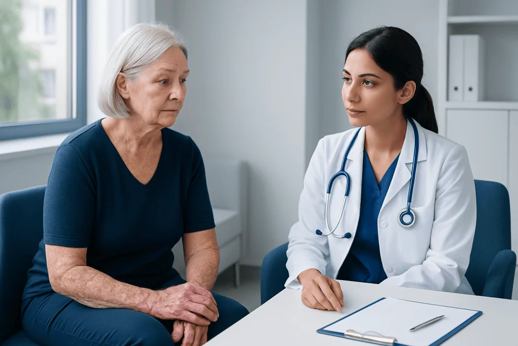 Doctor consulting with elderly patient in a medical office.