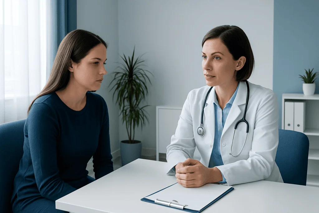 Doctor consulting with a patient about tonsil health in a medical office.