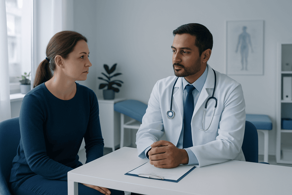 Doctor consulting with a female patient in a medical office.