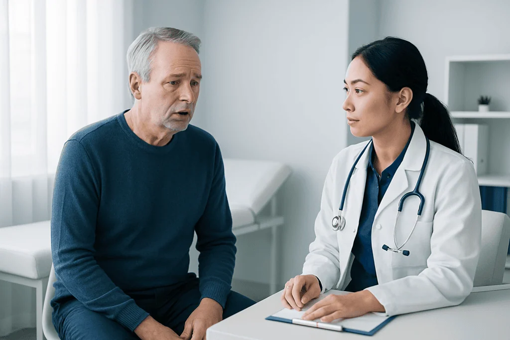 Doctor consulting with an elderly male patient in a medical office.