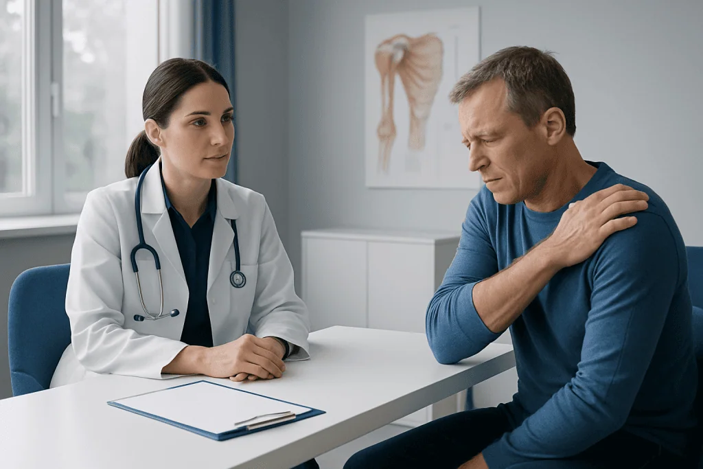 Doctor consulting with a patient about shoulder pain in a medical office.