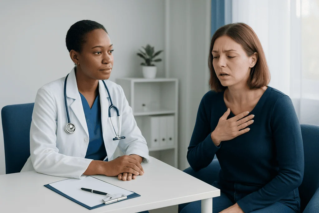 Doctor consulting with a patient about breathing issues in a medical office.