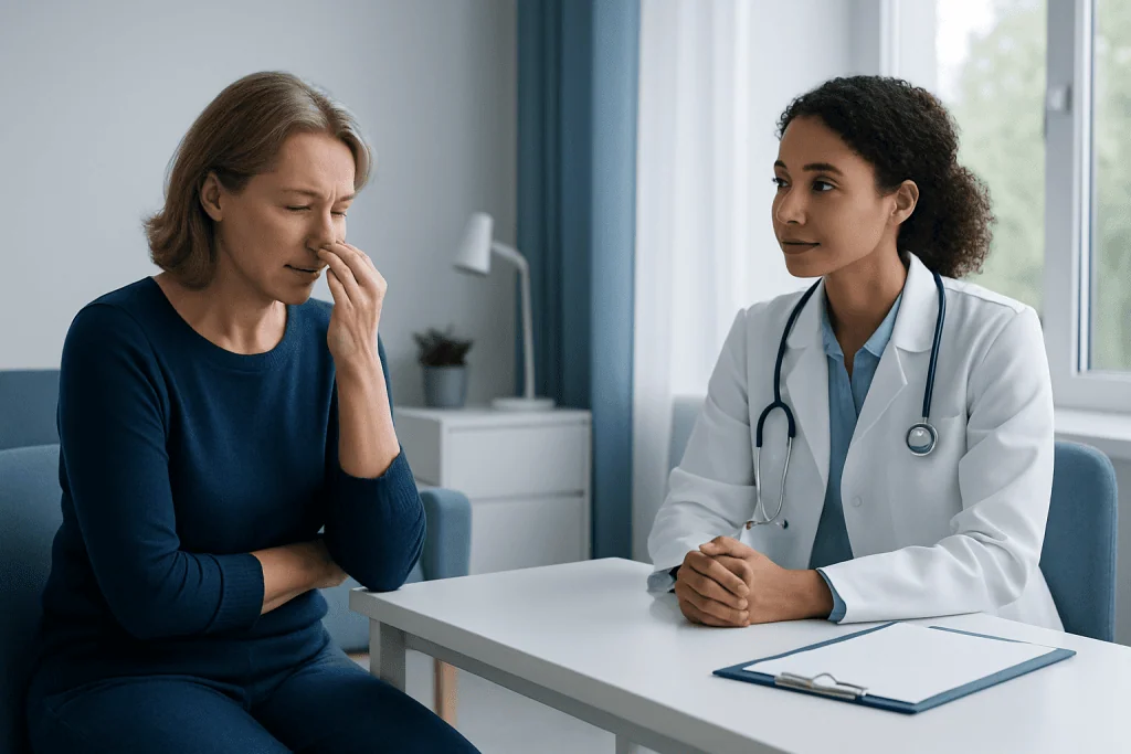 Doctor consulting with a patient experiencing nasal discomfort in a medical office.