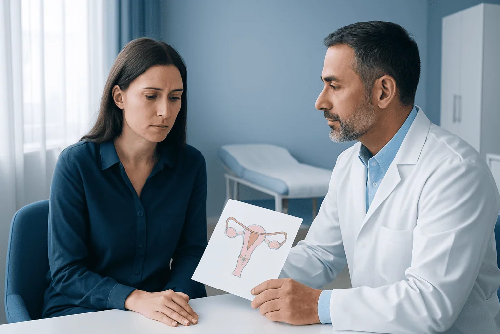Doctor explaining uterine health to a patient in a medical consultation.
