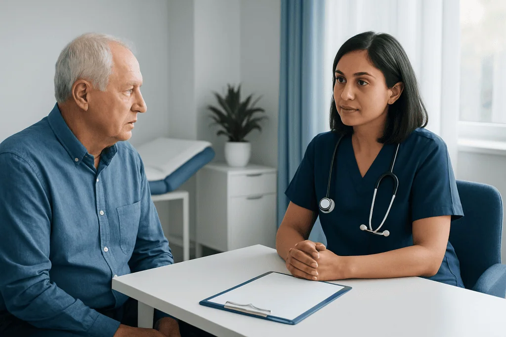 Doctor consulting with elderly male patient in a medical office.