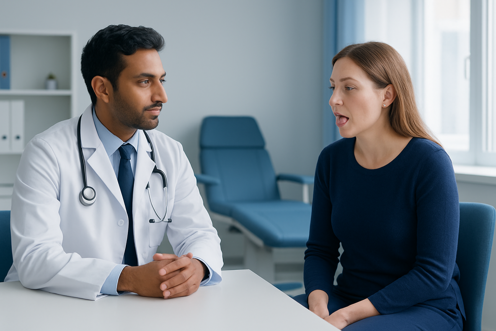 Doctor consulting with female patient in a medical office.