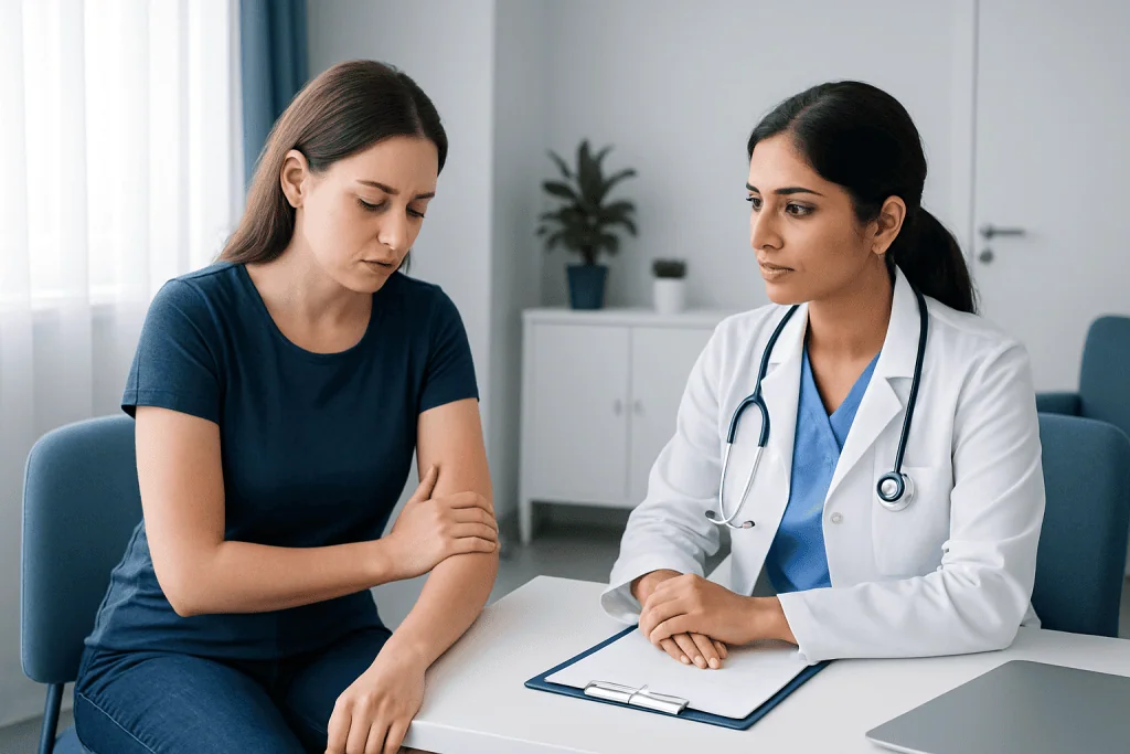 Doctor consulting with patient about first degree burn treatment options.