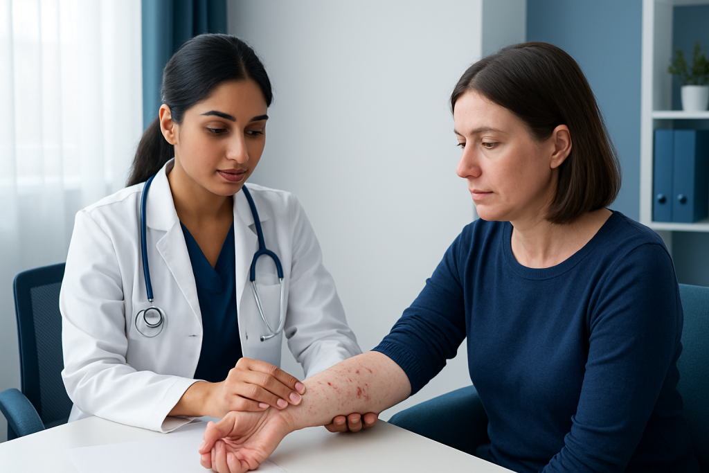 Doctor examining patient's arm for purpura symptoms at hospital.