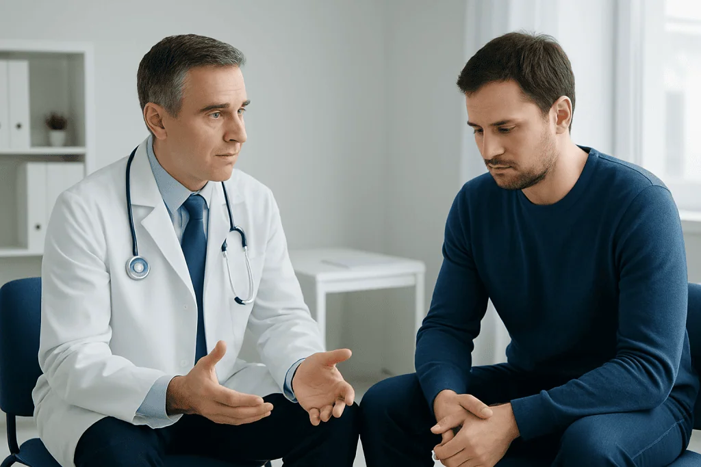 Doctor consulting with a male patient in a medical office.