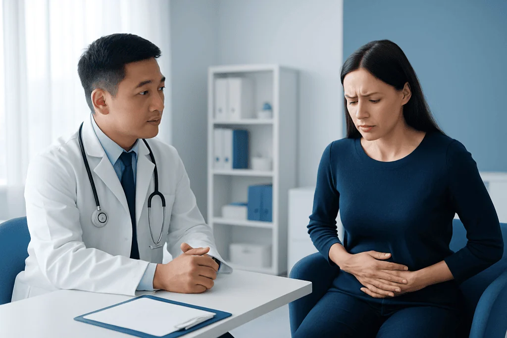 Doctor consulting with a woman patient experiencing abdominal discomfort.