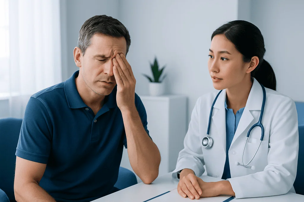Man experiencing eye pain during consultation at Acibadem Hospital.