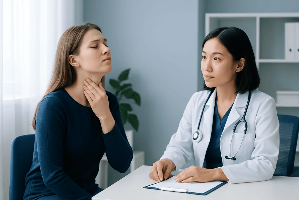 Doctor examining a patient with throat discomfort in a clinical setting.