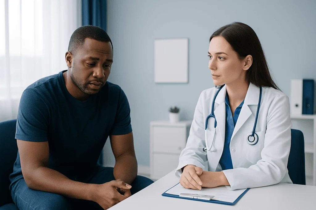 Doctor consulting with male patient in a medical office.