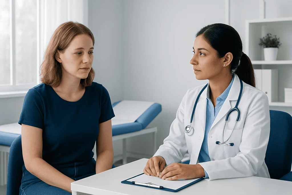 Doctor consulting with a patient about health concerns in a medical office.