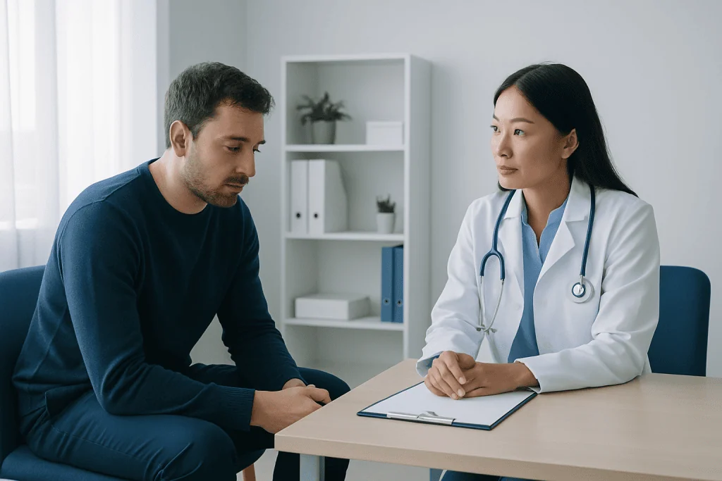 Doctor consulting with a patient in a medical office setting.