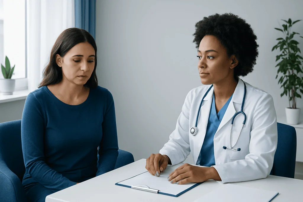 Doctor consulting with a female patient in a medical office setting.