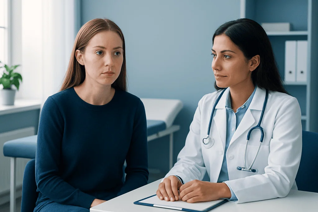 Doctor consulting with a young woman patient in a medical office.