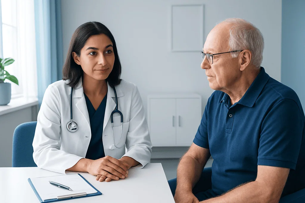 Doctor consulting with an elderly male patient in a medical office.